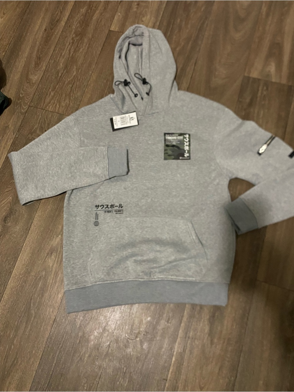 Mens South Pole Gray Hooded Pullover Sweatshirt with Japanese Graphic